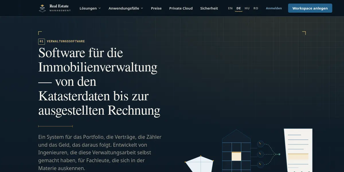 Startseite von Real Estate Management: Software für die Immobilienverwaltung, von den Katasterdaten bis zur ausgestellten Rechnung